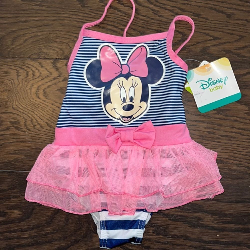 New Disney Baby French Blue Stripe Pink Bow Toddler Girls Swimsuit 12 month MO